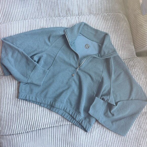 Scuba Cropped Funnel-Neck Half Zip Waffle | Heathered Indochine Blue | Size XL - Picture 3 of 5